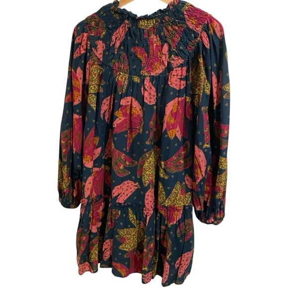 Farm Rio Patchwork Bananas Cotton Balloon Sleeve Ruffle Yoke Mini Trapeze Dress